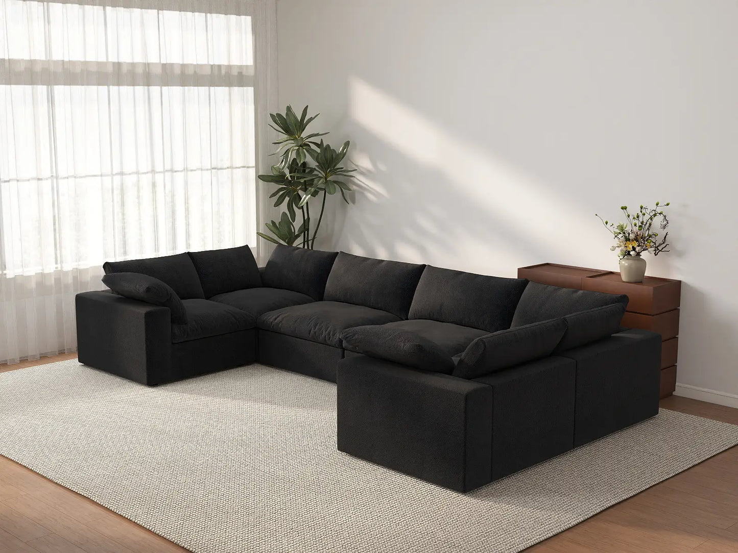 Deluxe Cloud 6-Seater Black Large Space U-Shaped Sectional | 6-Piece, Cotton And Linen Fabric, Easy To Clean