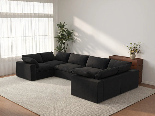 Deluxe Cloud 6-Seater Black Large Space U-Shaped Sectional | 6-Piece, Cotton And Linen Fabric, Easy To Clean