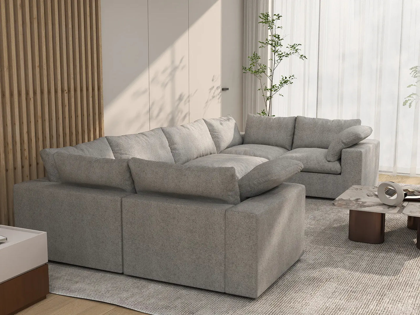 Deluxe Cloud 6-Seater Light Grey Large Space U-Shaped Sectional | 6-Piece, Cotton And Linen Fabric, Easy To Clean