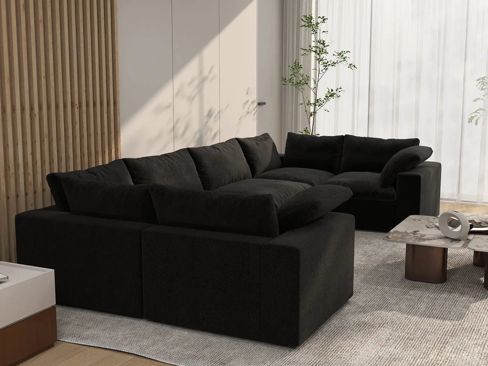 Deluxe Cloud 6-Seater Black Large Space U-Shaped Sectional | 6-Piece, Cotton And Linen Fabric, Easy To Clean