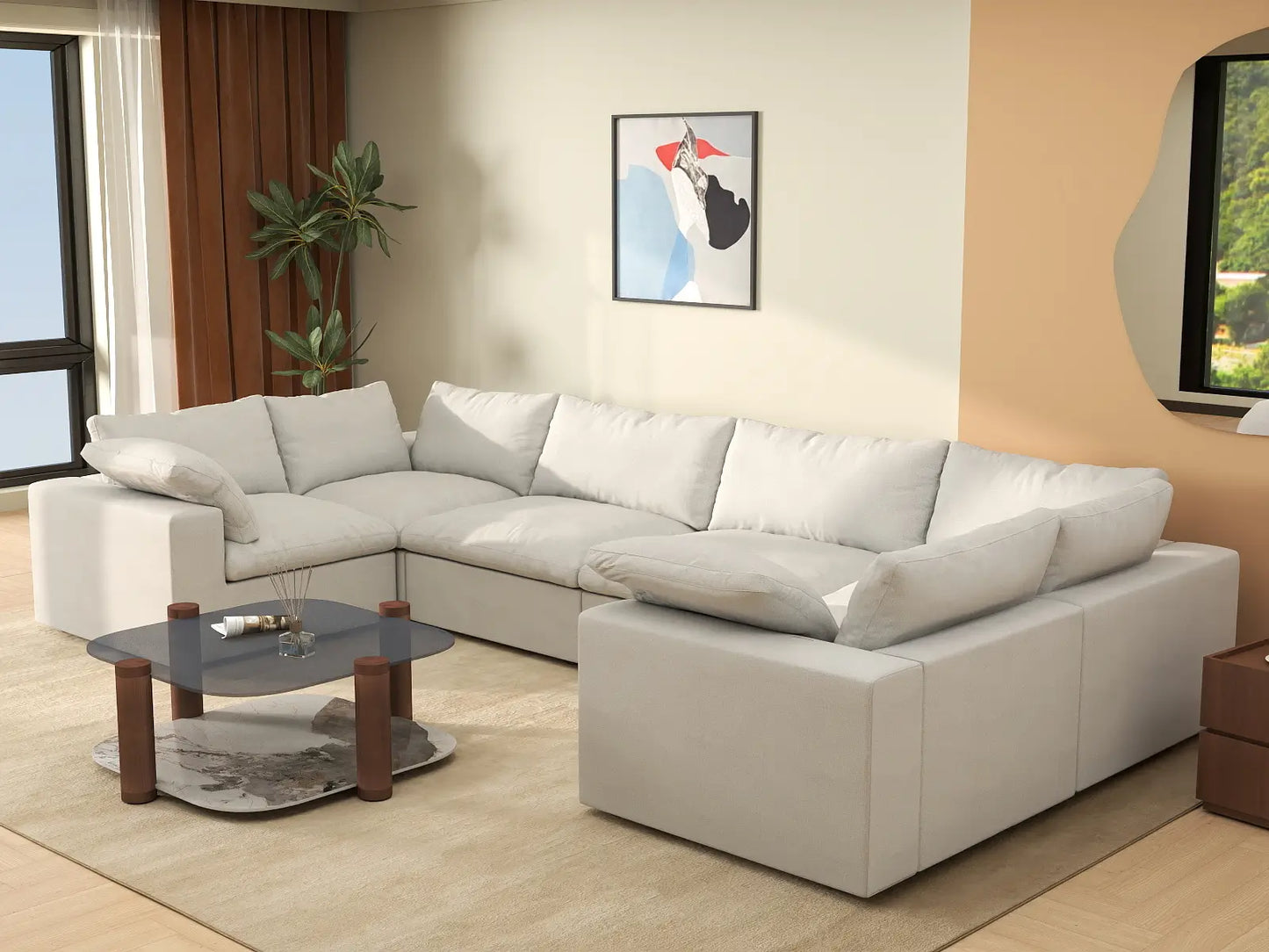 Deluxe Cloud 6-Seater White U-Shaped Sectional | 6-Piece, Cotton And Linen Fabric, Washable Cushion Covers