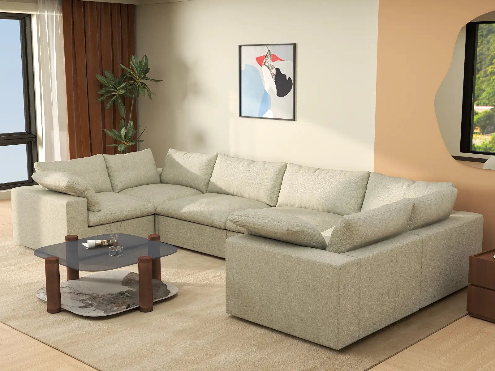 Deluxe Cloud 6-Seater Khaki U-Shaped Sectional | 6-Piece, Cotton And Linen Fabric, Washable Cushion Covers