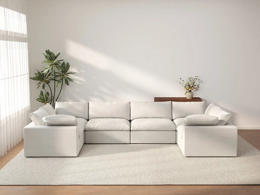 Deluxe Cloud 6-Seater White U-Shaped Sectional | 6-Piece, Cotton And Linen Fabric, Washable Cushion Covers