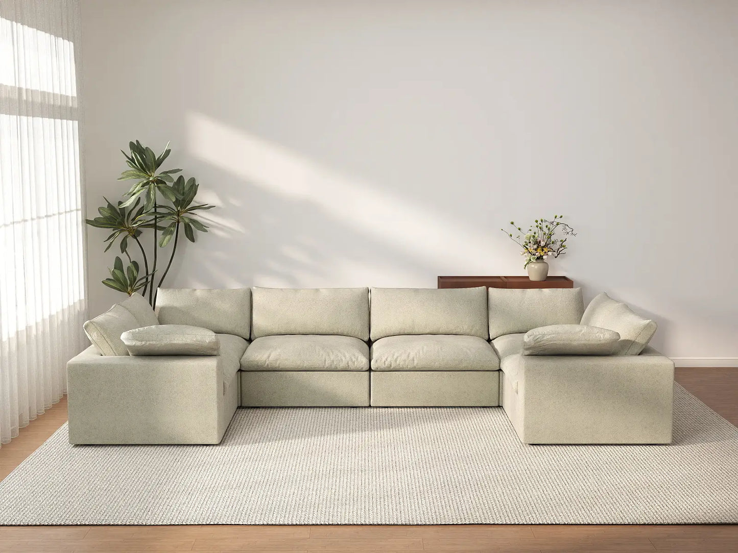 Deluxe Cloud 6-Seater Khaki U-Shaped Sectional | 6-Piece, Cotton And Linen Fabric, Washable Cushion Covers