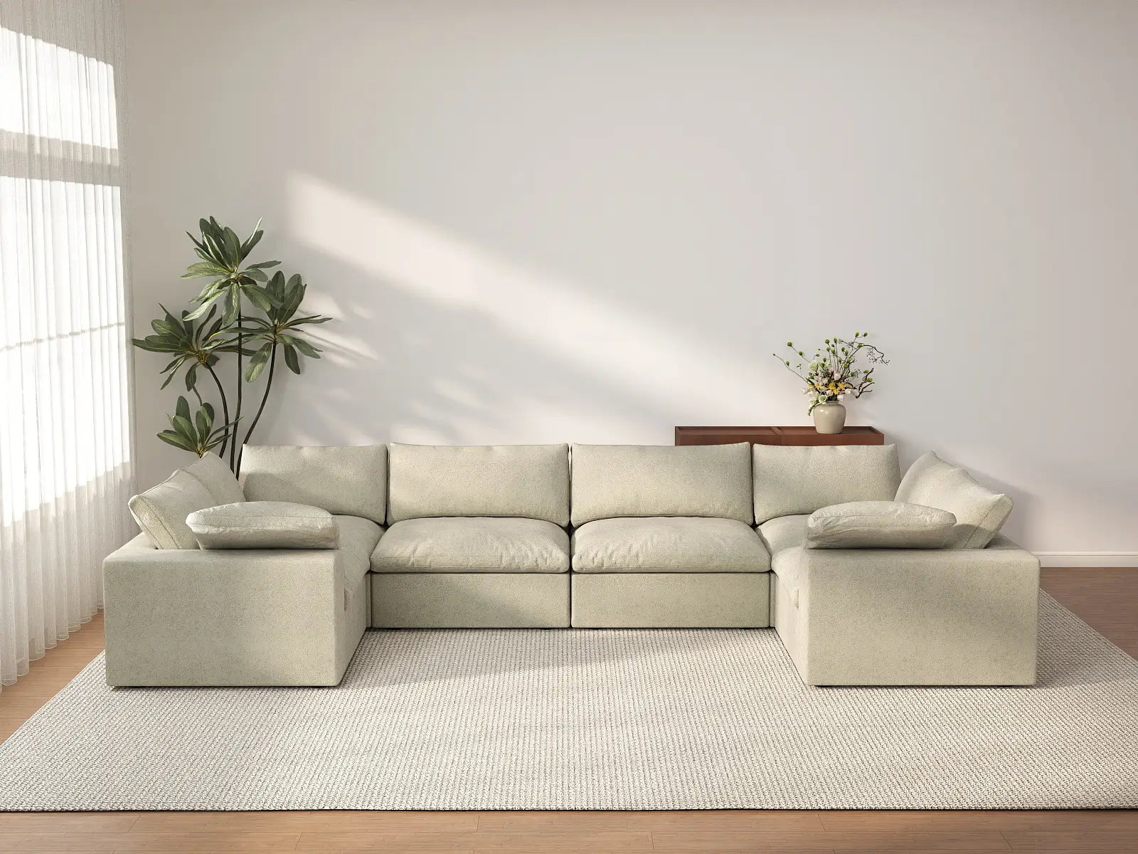 Deluxe Cloud 6-Seater Khaki U-Shaped Sectional | 6-Piece, Cotton And Linen Fabric, Washable Cushion Covers