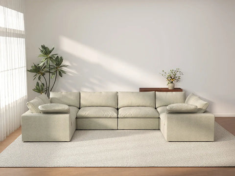 Deluxe Cloud 6-Seater Khaki U-Shaped Sectional | 6-Piece, Cotton And Linen Fabric, Washable Cushion Covers