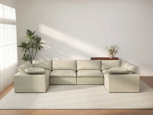 Deluxe Cloud 6-Seater Khaki U-Shaped Sectional | 6-Piece, Cotton And Linen Fabric, Washable Cushion Covers