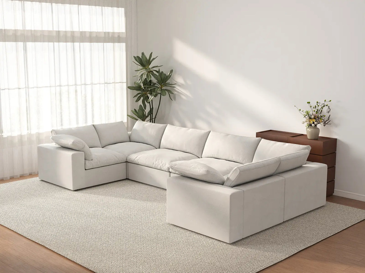 Deluxe Cloud 6-Seater White U-Shaped Sectional | 6-Piece, Cotton And Linen Fabric, Washable Cushion Covers