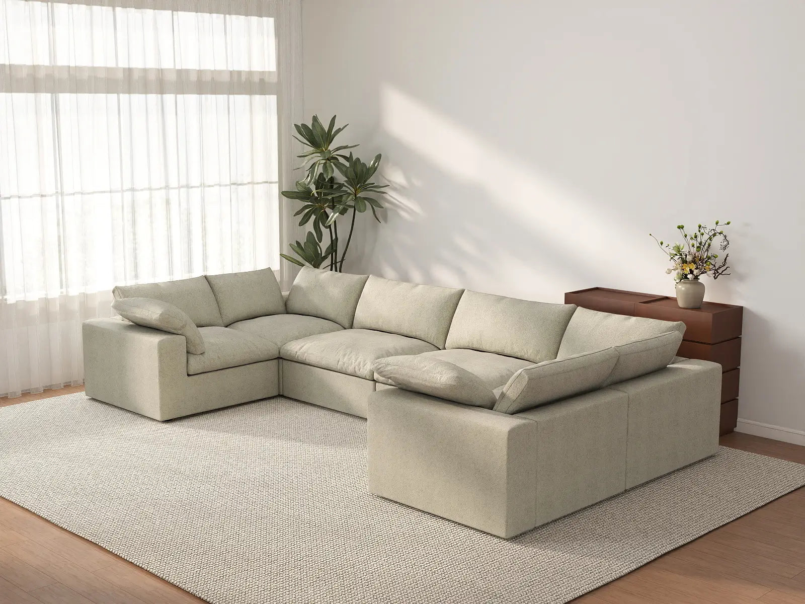 Deluxe Cloud 6-Seater Khaki U-Shaped Sectional | 6-Piece, Cotton And Linen Fabric, Washable Cushion Covers