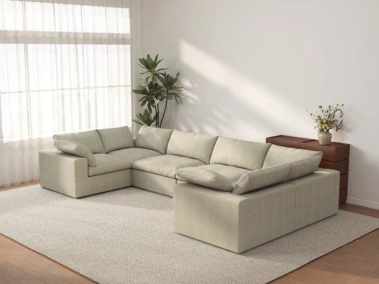Deluxe Cloud 6-Seater Khaki U-Shaped Sectional | 6-Piece, Cotton And Linen Fabric, Washable Cushion Covers