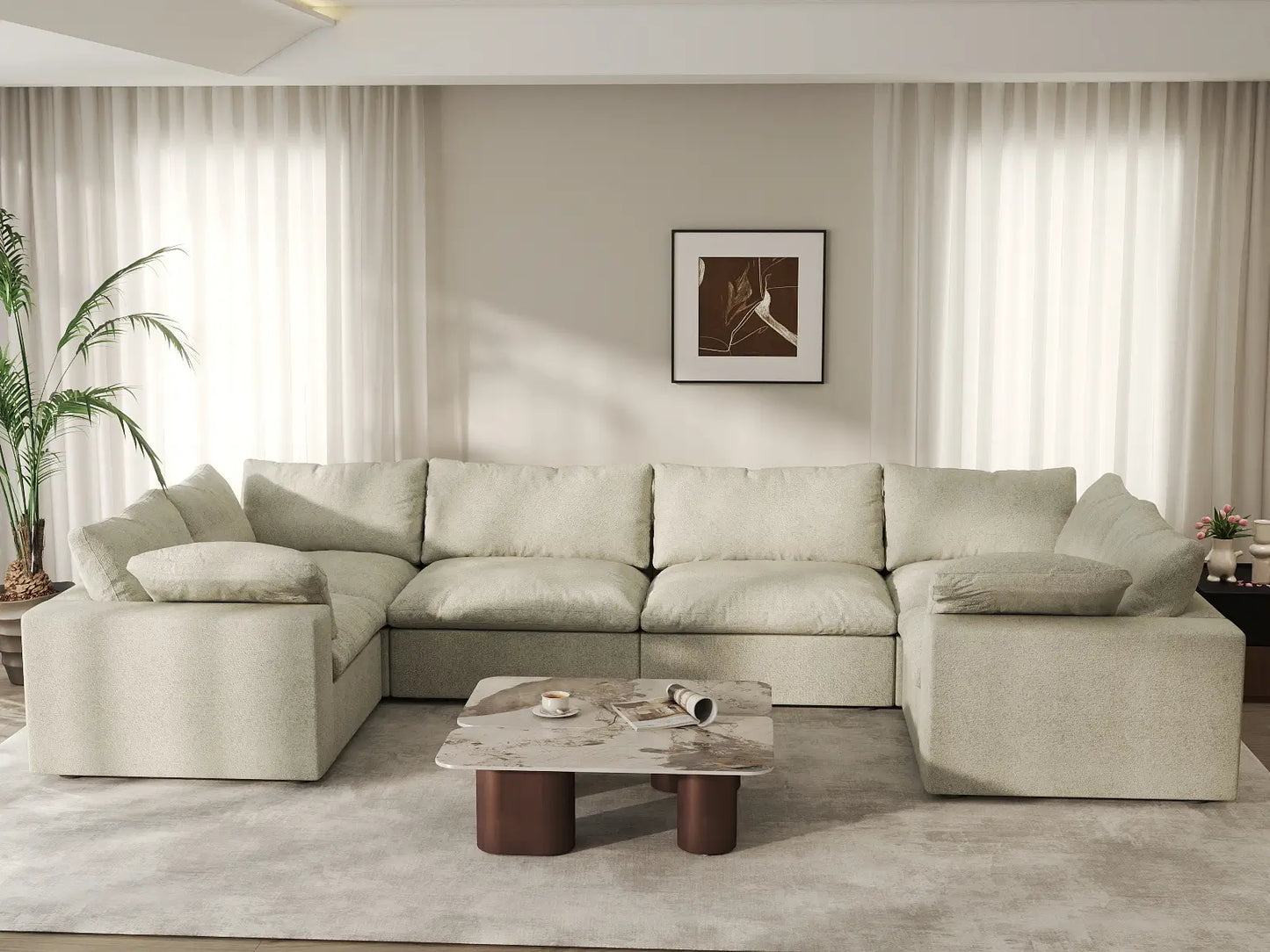 Deluxe Premium Cloud Sectional Sofa Covers | Khaki Cotton and Linen Sofa Cover for 6-Seater
