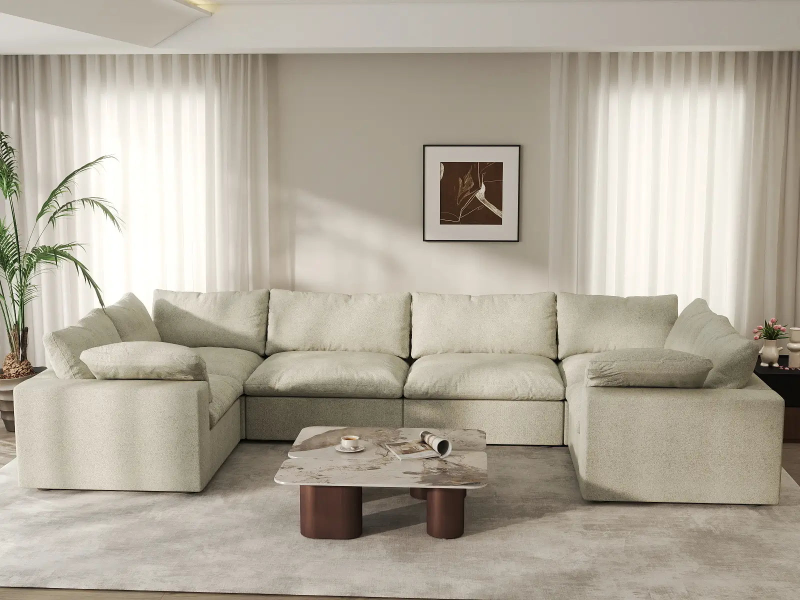 Deluxe Premium Cloud Sectional Sofa Covers | Khaki Cotton and Linen Sofa Cover for 6-Seater