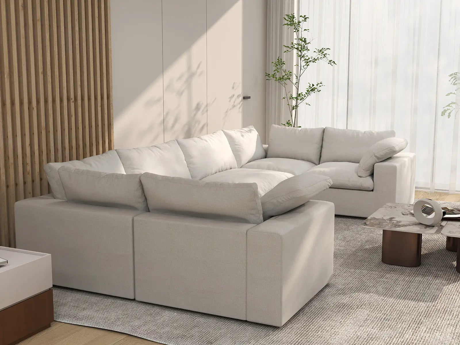 Deluxe Cloud 6-Seater White U-Shaped Sectional | 6-Piece, Cotton And Linen Fabric, Washable Cushion Covers