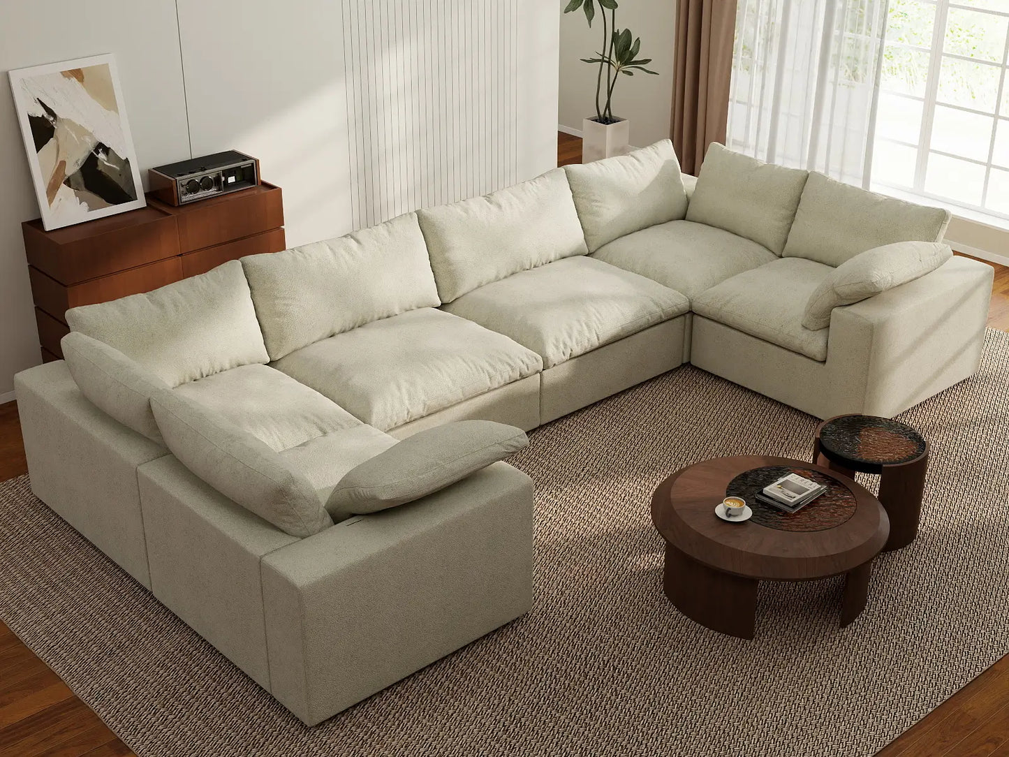 Deluxe Premium Cloud Sectional Sofa Covers | Khaki Cotton and Linen Sofa Cover for 6-Seater