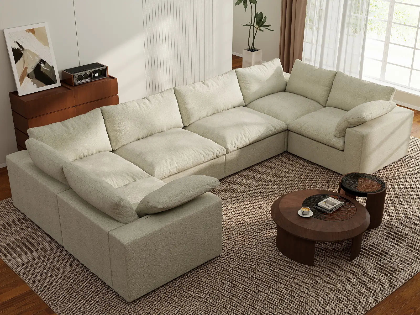 Deluxe Premium Cloud Sectional Sofa Covers | Khaki Cotton and Linen Sofa Cover for 6-Seater