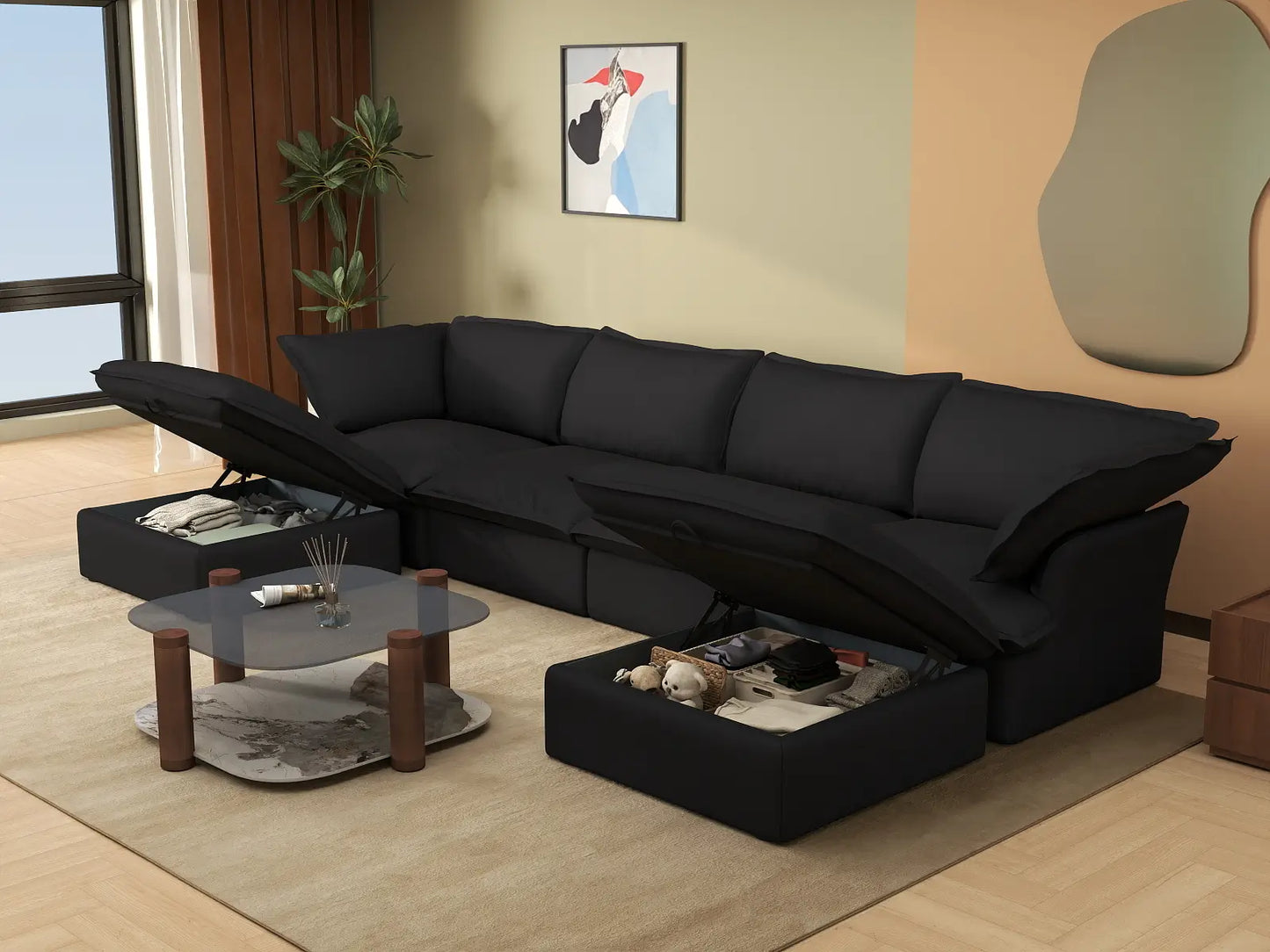 Deluxe Cloud 4-Seater Black Storage U-Shaped Sectional | 6-Piece (includes 2 Ottomans), Linen and Cotton Fabric, Washable Covers