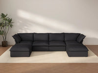 Deluxe Cloud 4-Seater Black Storage U-Shaped Sectional | 6-Piece (includes 2 Ottomans), Linen and Cotton Fabric, Washable Covers