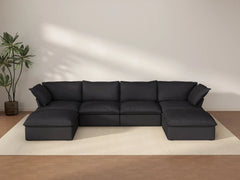 Deluxe Cloud 4-Seater Black Storage U-Shaped Sectional | 6-Piece (includes 2 Ottomans), Linen and Cotton Fabric, Washable Covers