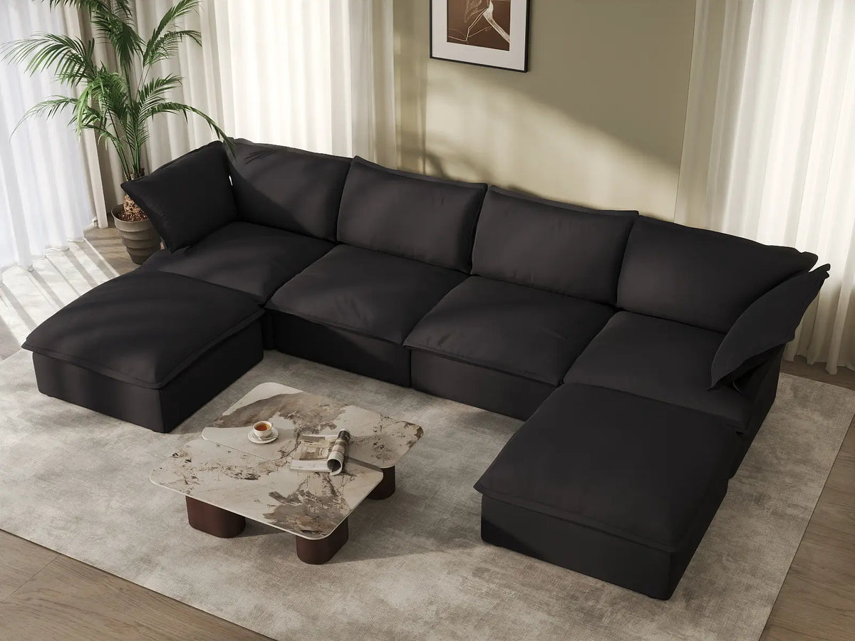 Deluxe Cloud 4-Seater Black Storage U-Shaped Sectional | 6-Piece (includes 2 Ottomans), Linen and Cotton Fabric, Washable Covers