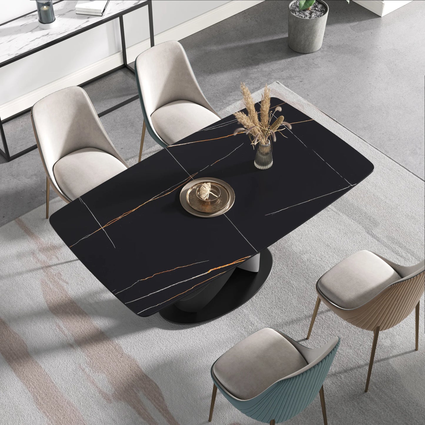 Marbella Sintered Stone Dining Table | 63" Matte Black Rectangular With Curved Edge