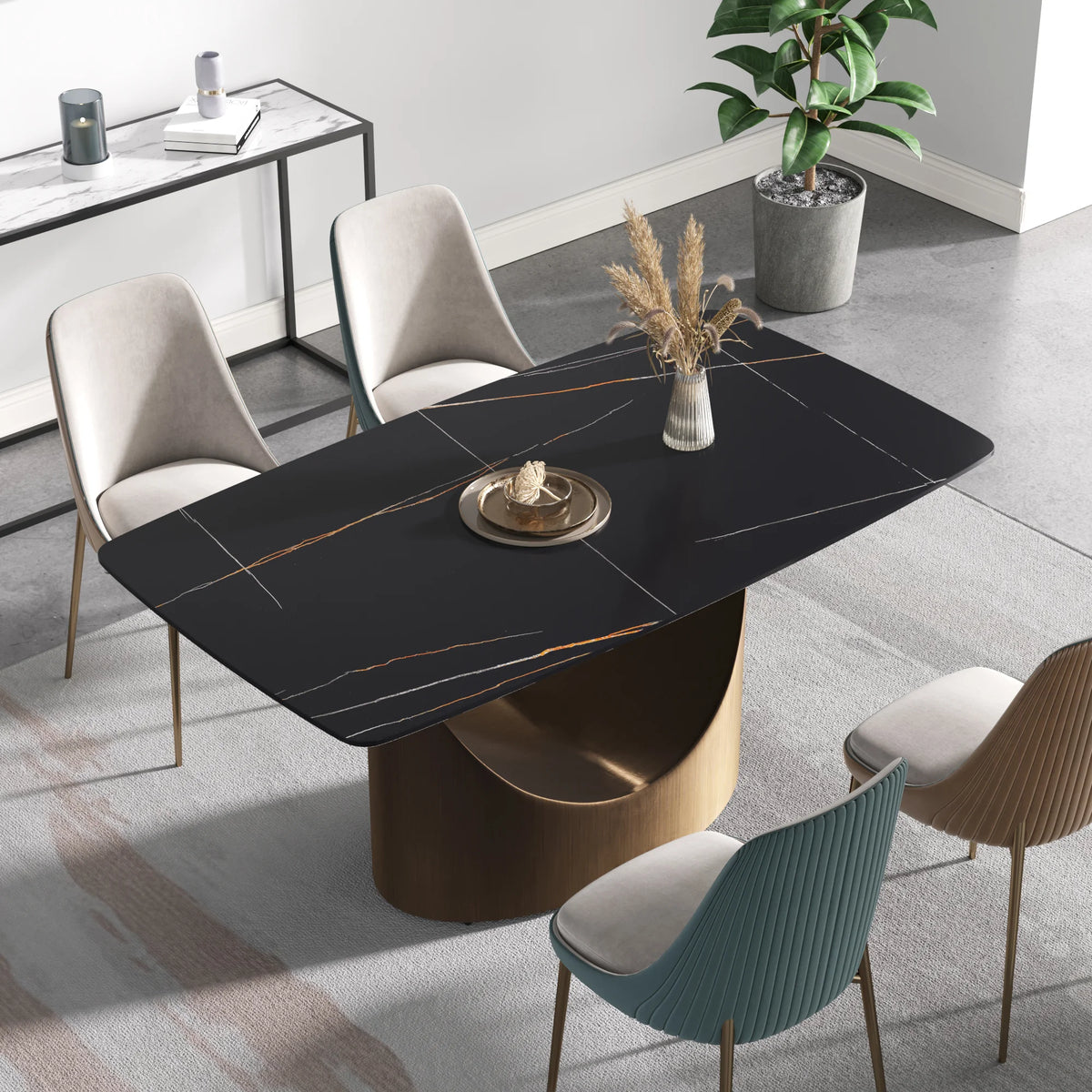 Marbella Sintered Stone Dining Table | 63" Matte Black Rectangular With Curved Edge