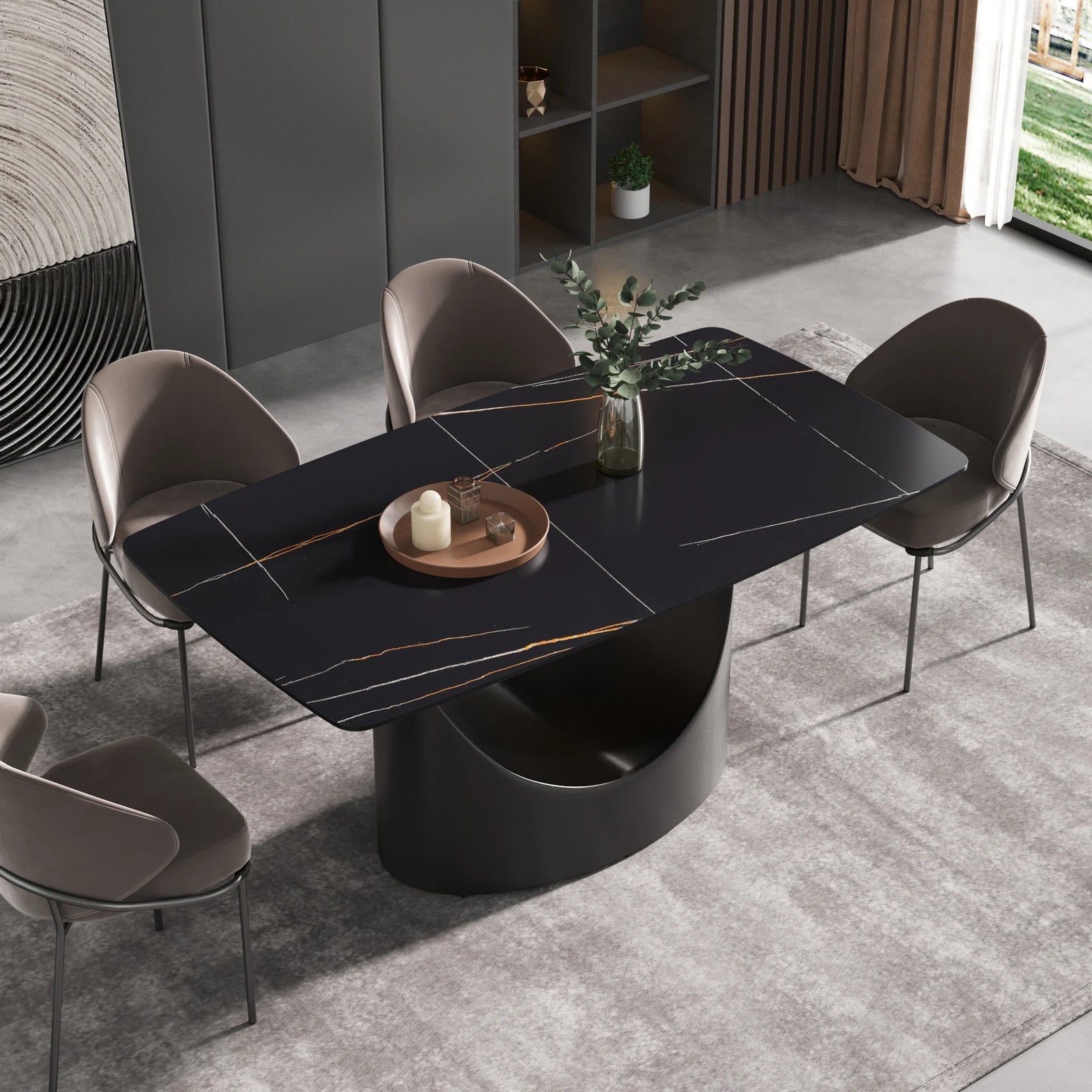Mesa de comedor Marbella de piedra sinterizada | Rectangular de 160 cm (63") en negro mate con borde curvo