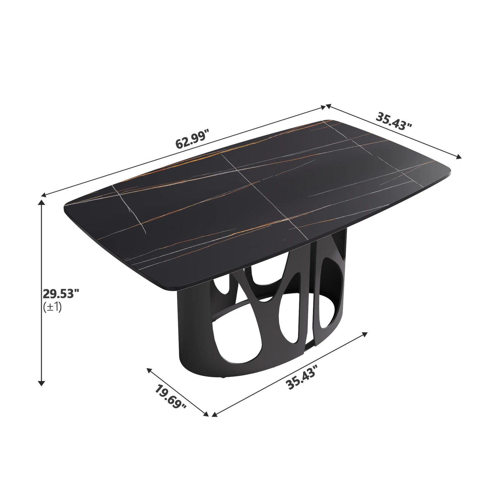 Mesa de comedor Marbella de piedra sinterizada | Rectangular de 160 cm (63") en negro mate con borde curvo
