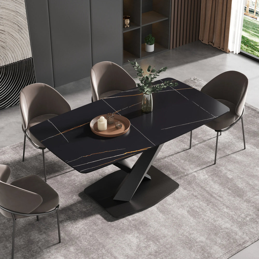 Marbella Sintered Stone Dining Table | 63" Matte Black Rectangular With Curved Edge