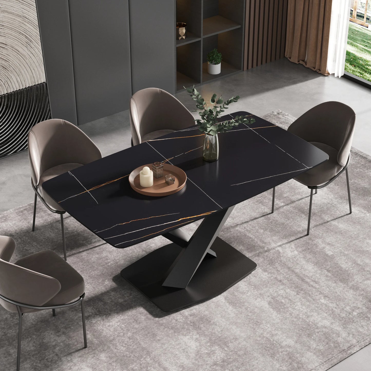 Marbella Sintered Stone Dining Table | 63" Matte Black Rectangular With Curved Edge