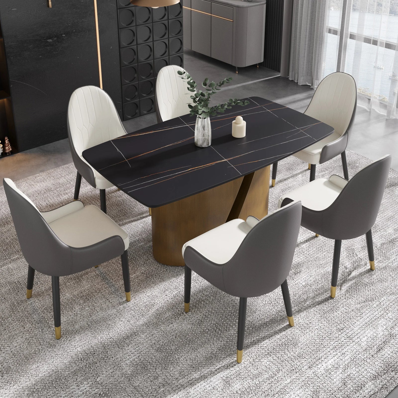 Marbella Sintered Stone Dining Table | 63" Matte Black Rectangular With Curved Edge