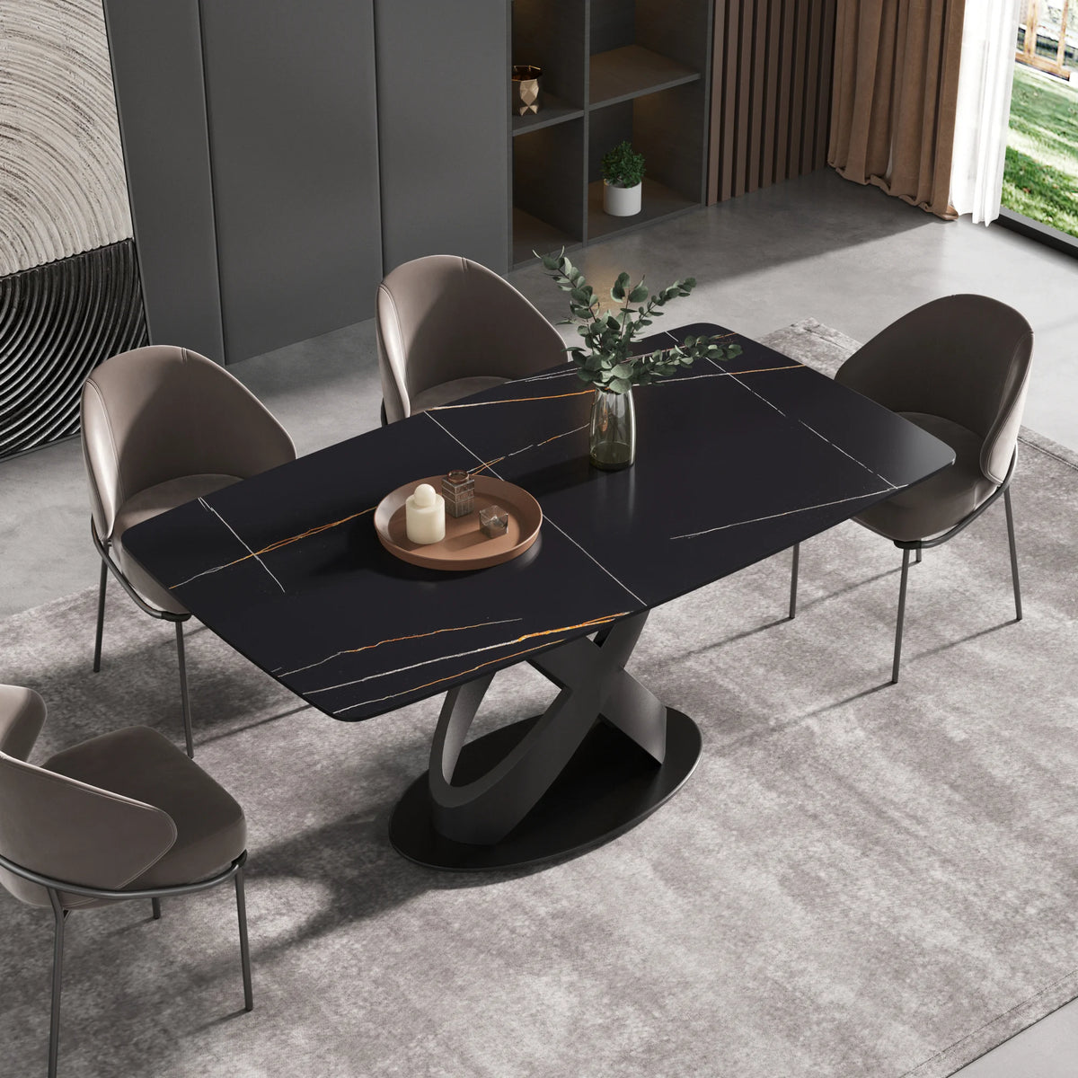 Marbella Sintered Stone Dining Table | 63" Matte Black Rectangular With Curved Edge