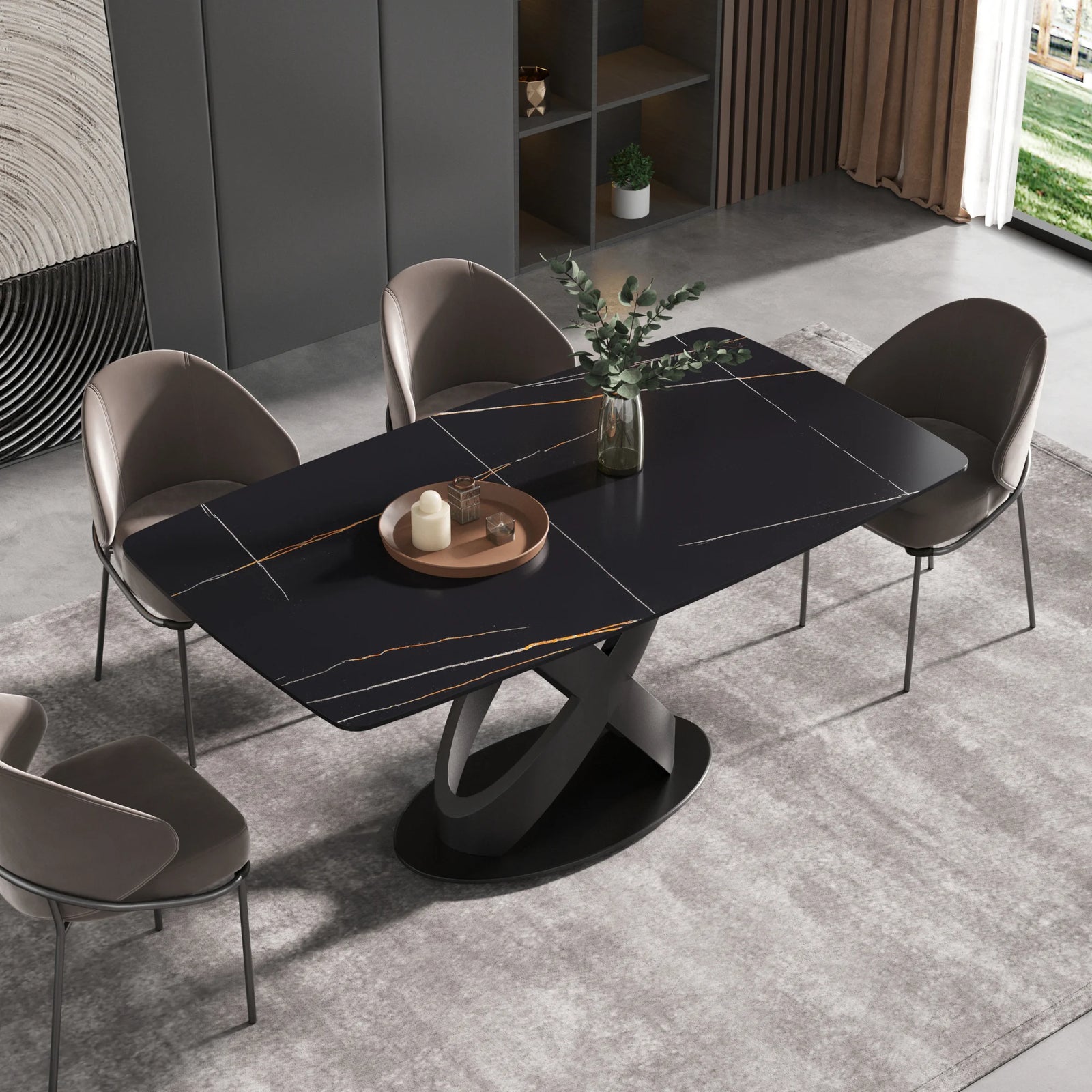 Marbella Sintered Stone Dining Table | 63" Matte Black Rectangular With Curved Edge