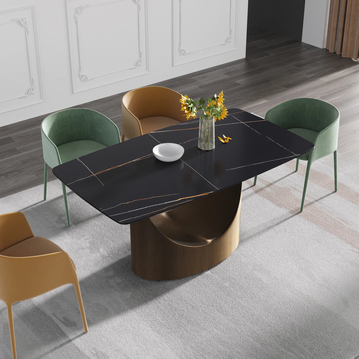 Marbella Sintered Stone Dining Table | 63" Matte Black Rectangular With Curved Edge