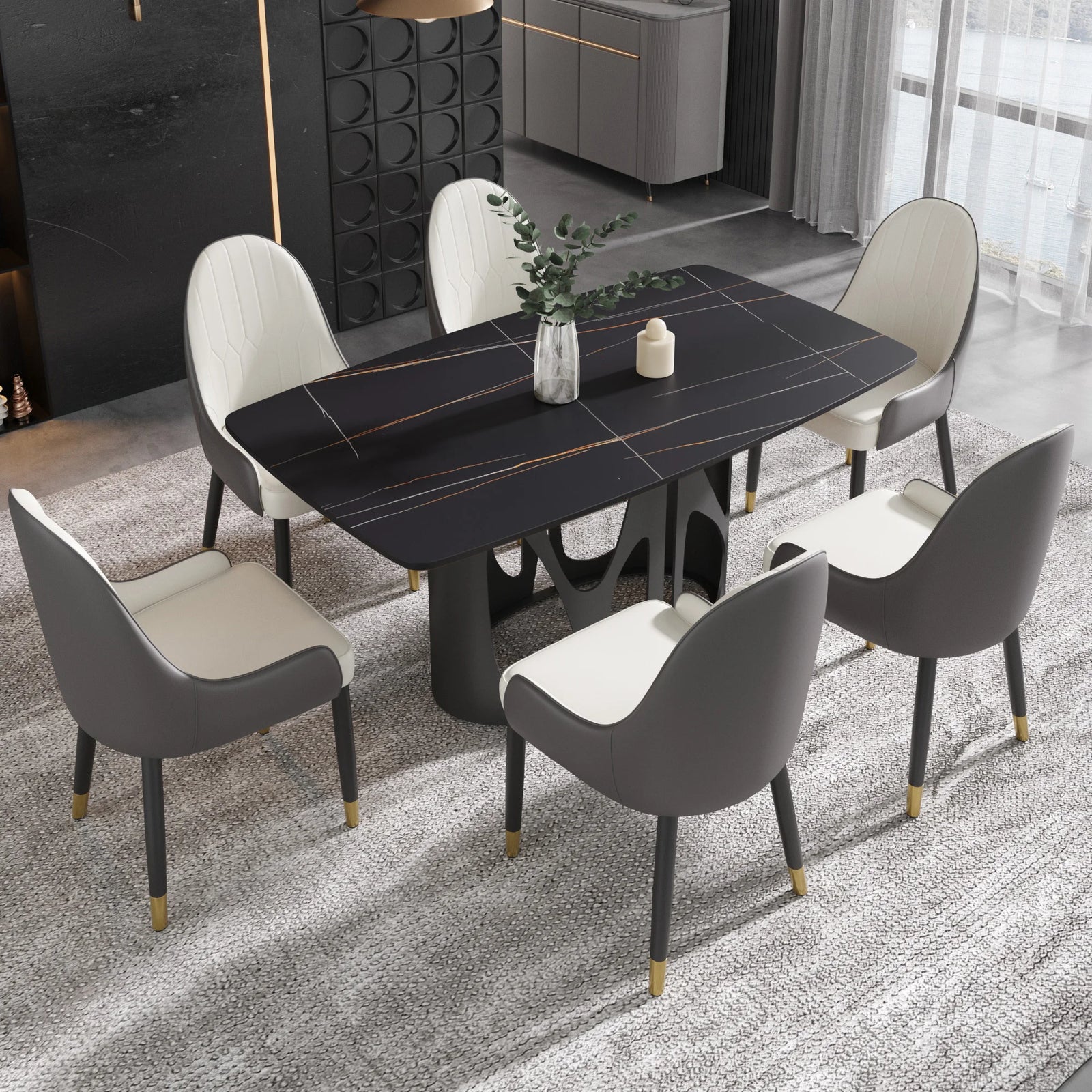 Mesa de comedor Marbella de piedra sinterizada | Rectangular de 160 cm (63") en negro mate con borde curvo