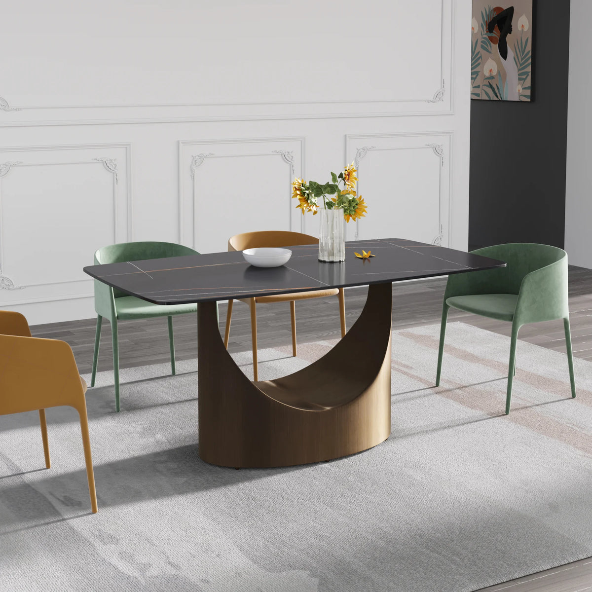 Marbella Sintered Stone Dining Table | 63" Matte Black Rectangular With Curved Edge