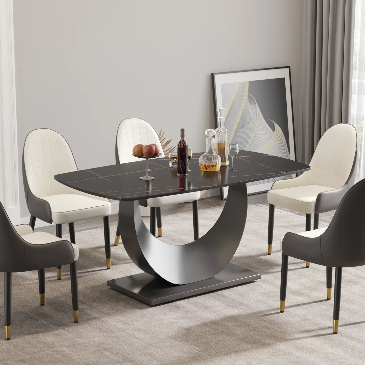 Marbella Sintered Stone Dining Table | 63" Matte Black Rectangular With Curved Edge
