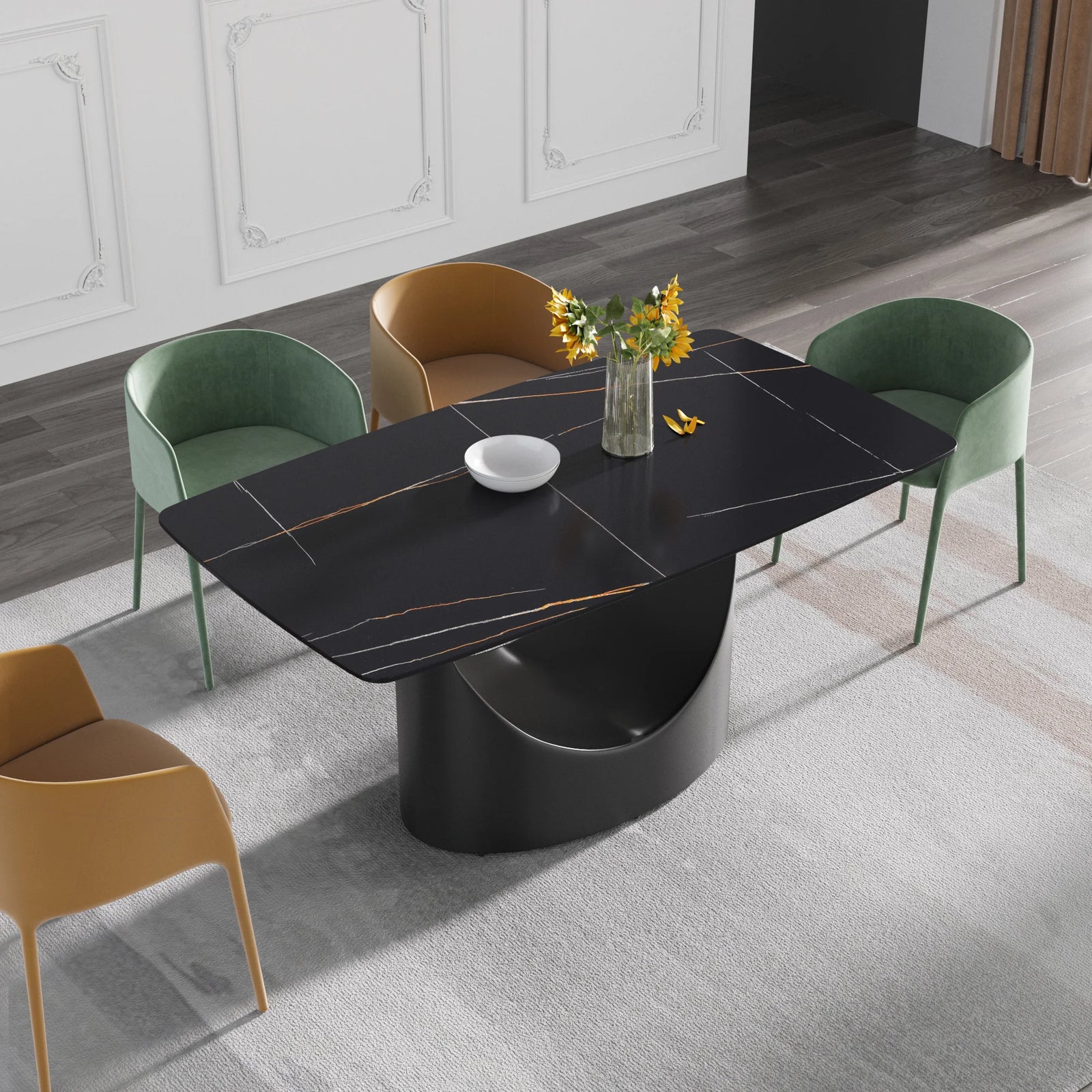 Mesa de comedor Marbella de piedra sinterizada | Rectangular de 160 cm (63") en negro mate con borde curvo