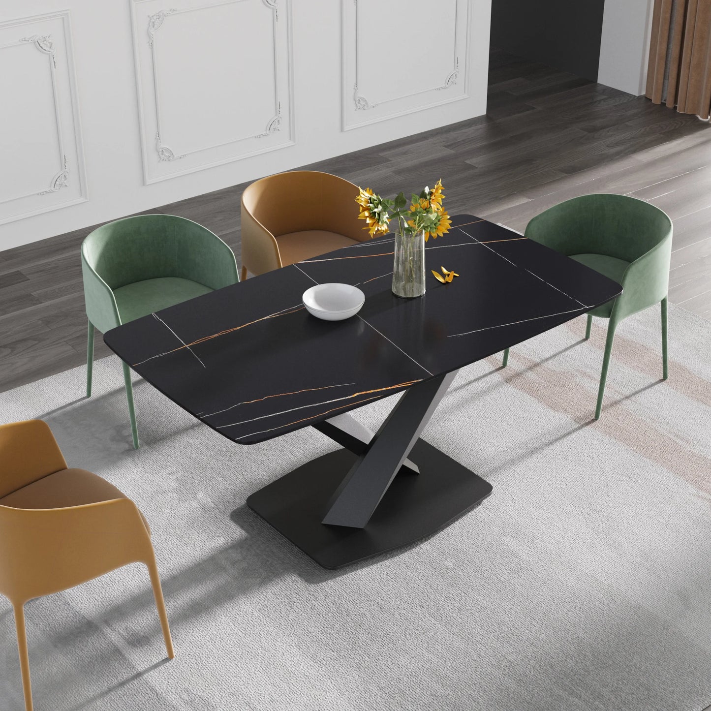Marbella Sintered Stone Dining Table | 63" Matte Black Rectangular With Curved Edge