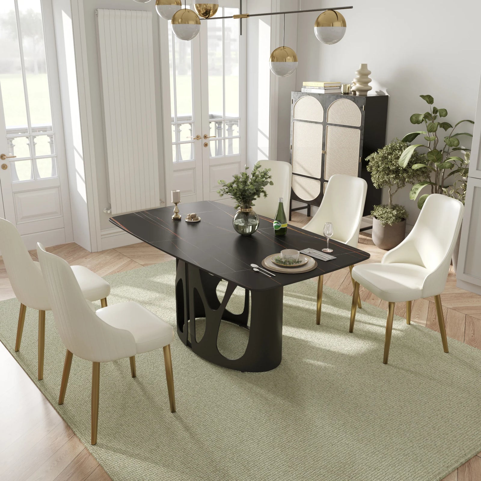 Mesa de comedor Marbella de piedra sinterizada | Rectangular de 160 cm (63") en negro mate con borde curvo