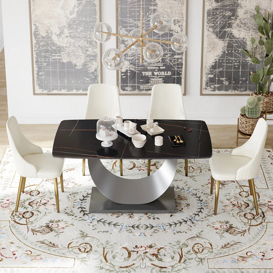 Marbella Sintered Stone Dining Table | 63" Matte Black Rectangular With Curved Edge