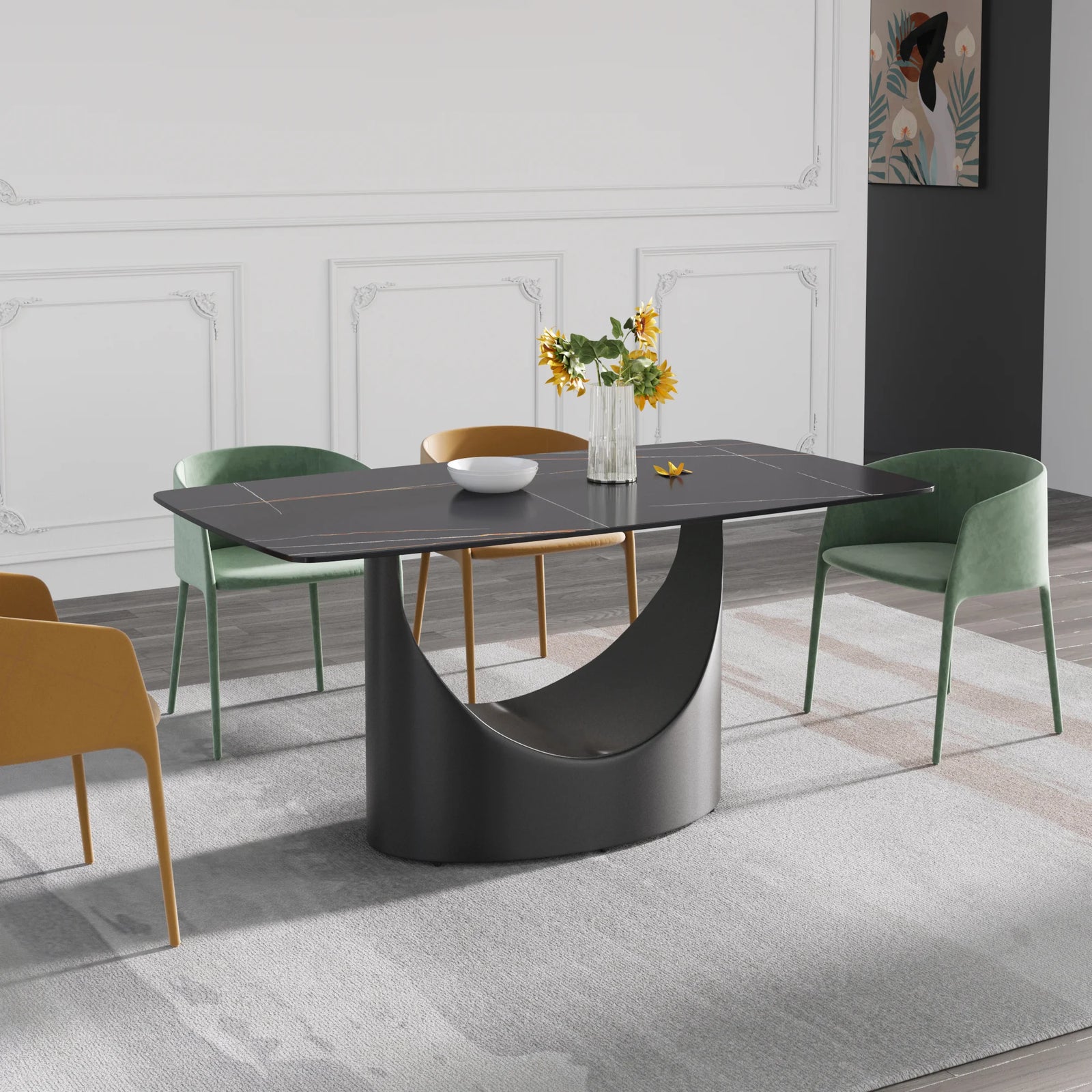 Mesa de comedor Marbella de piedra sinterizada | Rectangular de 160 cm (63") en negro mate con borde curvo