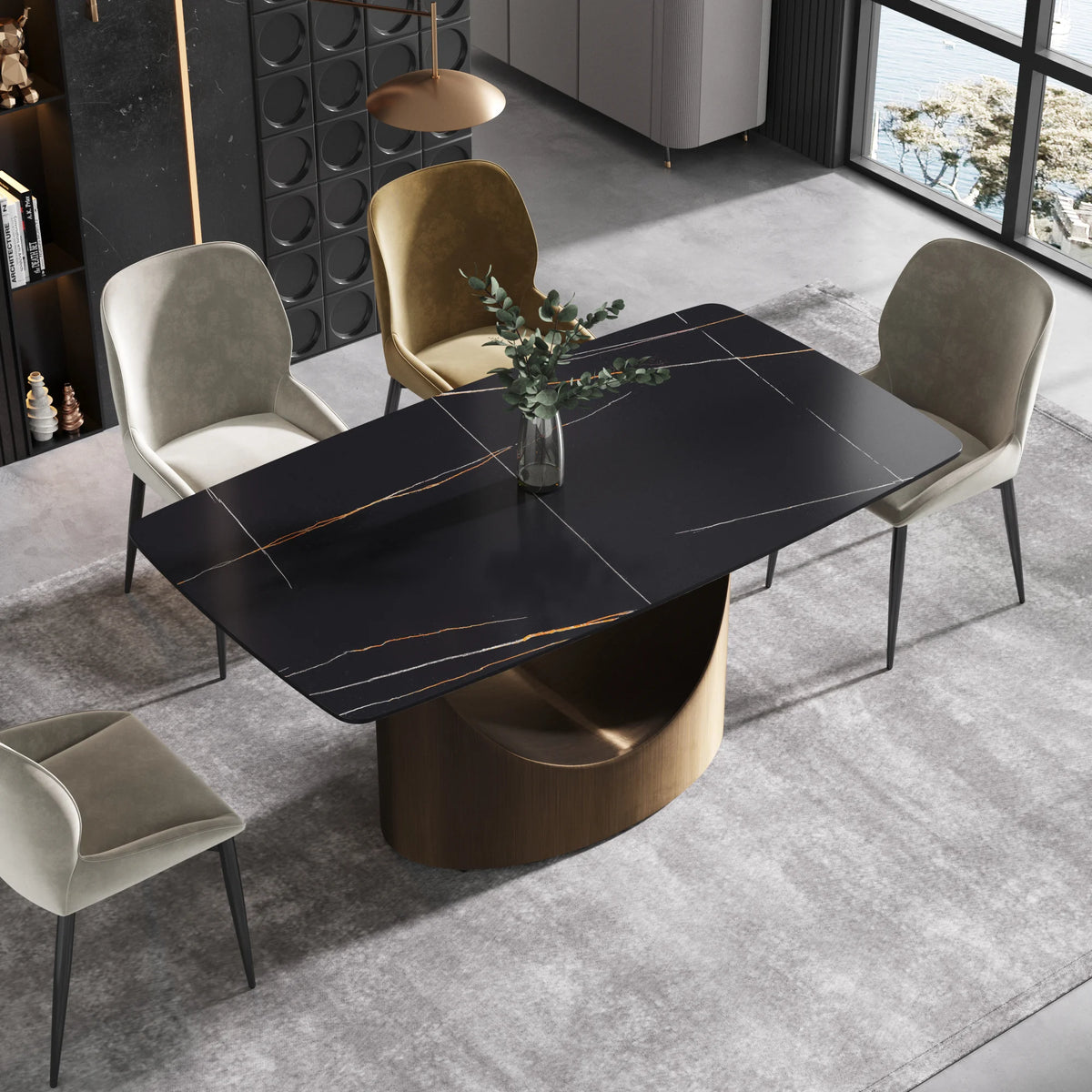 Marbella Sintered Stone Dining Table | 63" Matte Black Rectangular With Curved Edge