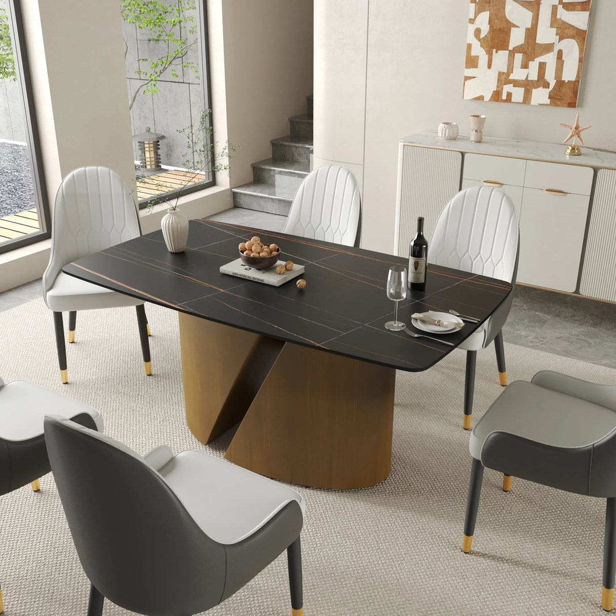 Marbella Sintered Stone Dining Table | 63" Matte Black Rectangular With Curved Edge