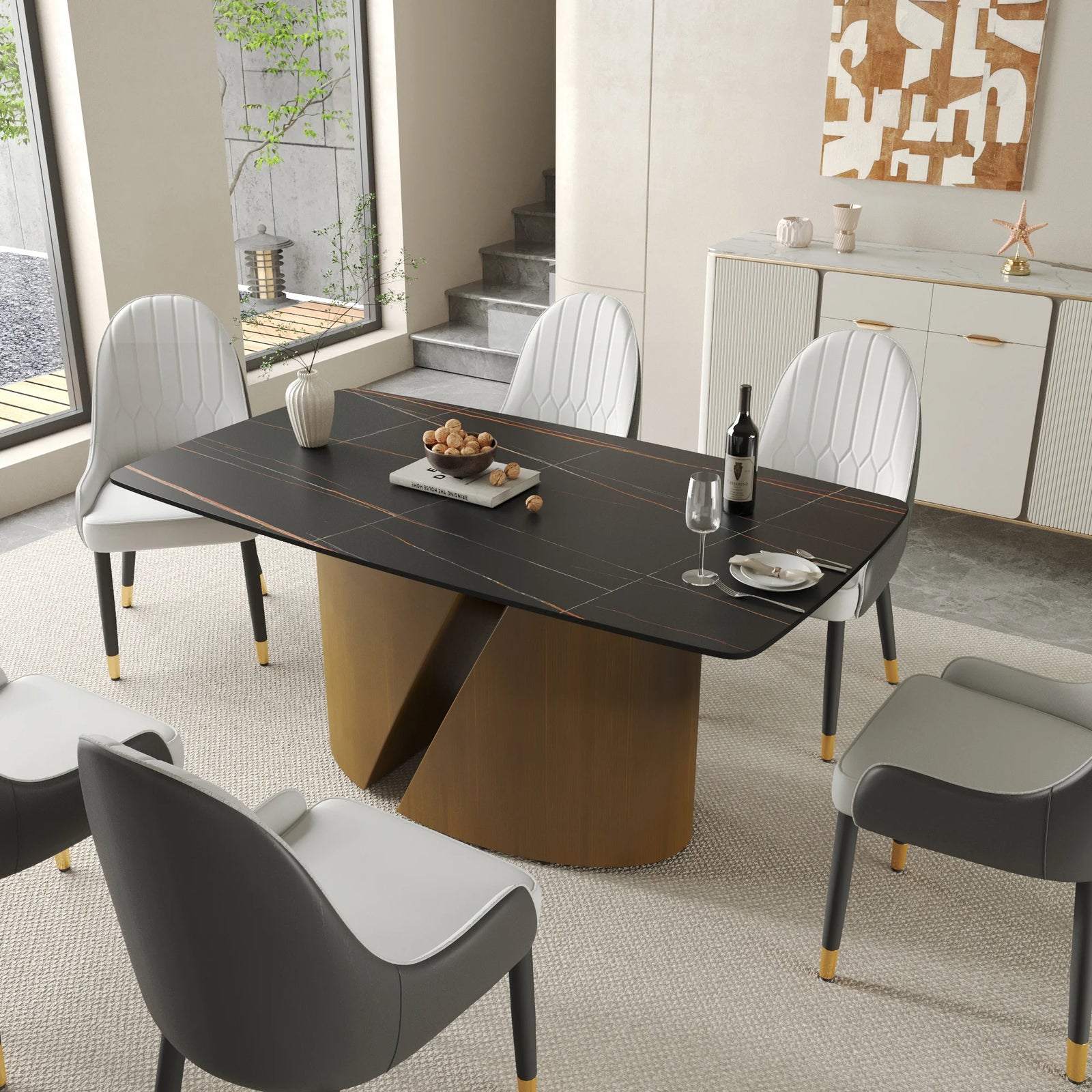 Marbella Sintered Stone Dining Table | 63" Matte Black Rectangular With Curved Edge