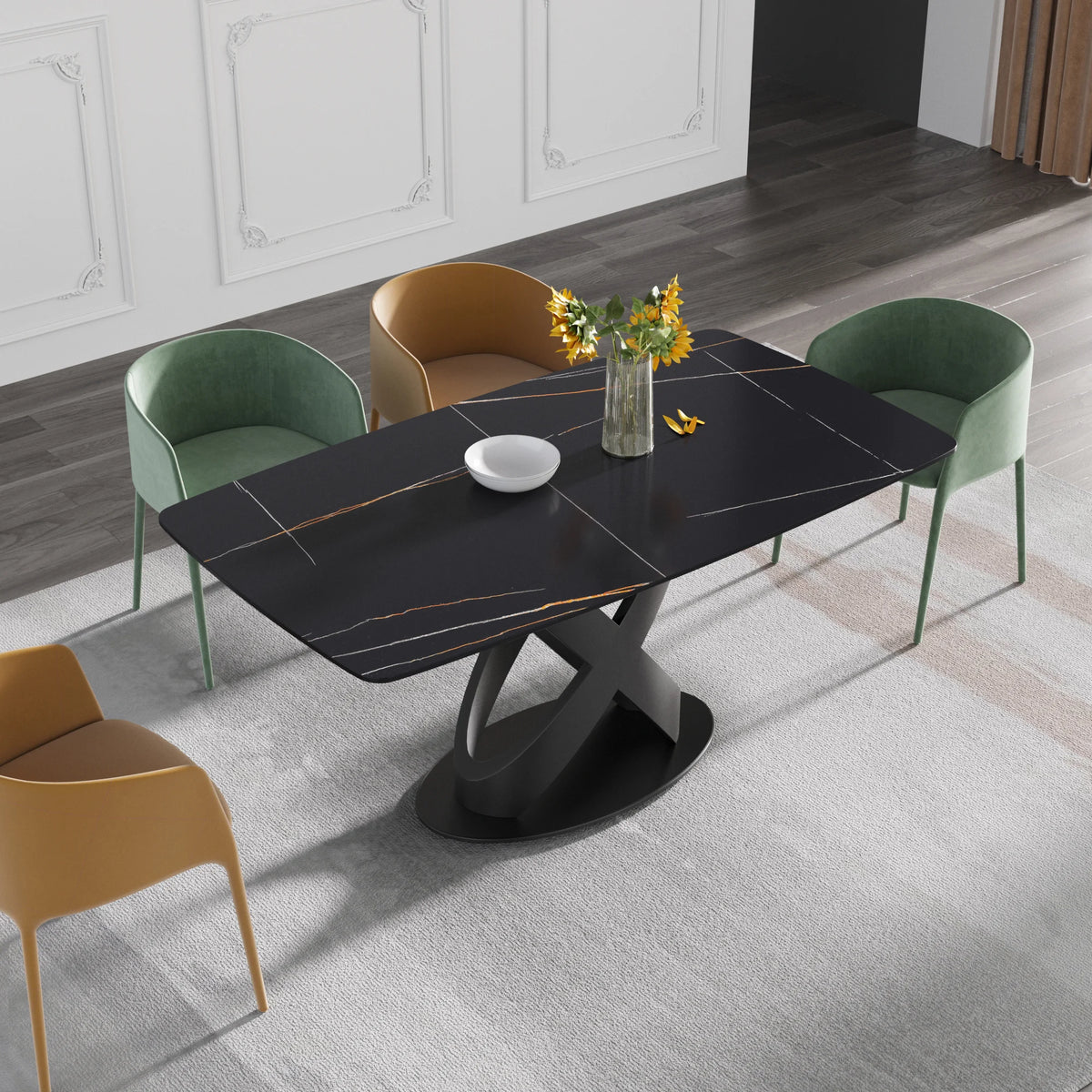 Marbella Sintered Stone Dining Table | 63" Matte Black Rectangular With Curved Edge