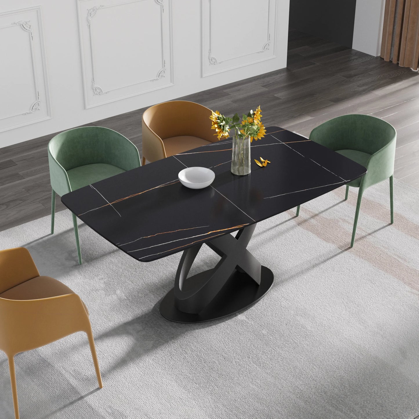 Marbella Sintered Stone Dining Table | 63" Matte Black Rectangular With Curved Edge