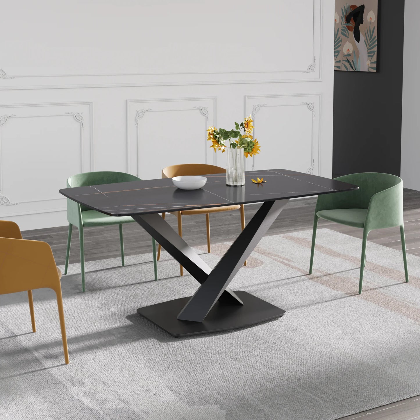 Marbella Sintered Stone Dining Table | 63" Matte Black Rectangular With Curved Edge