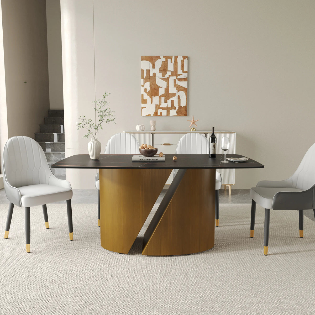 Marbella Sintered Stone Dining Table | 63" Matte Black Rectangular With Curved Edge