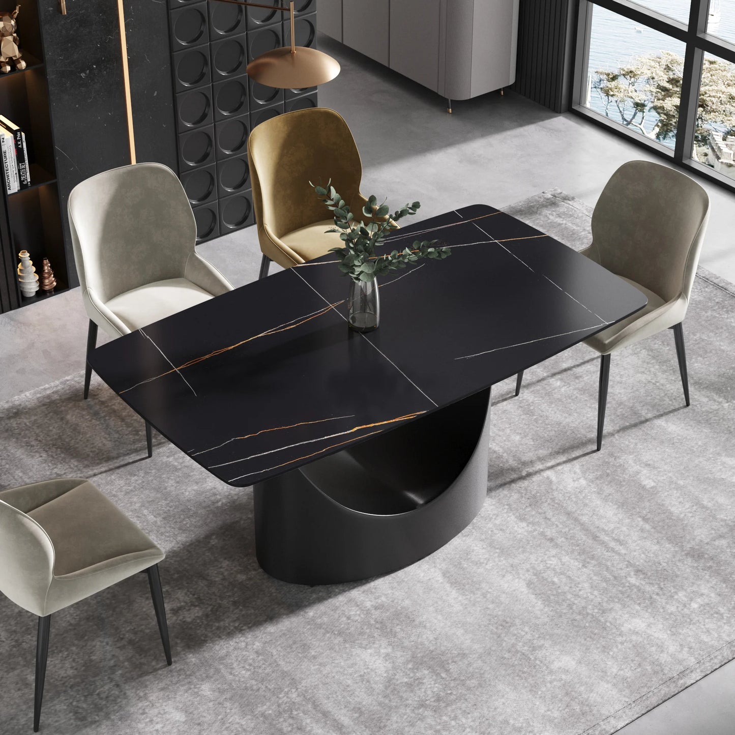 Marbella Sintered Stone Dining Table | 63" Matte Black Rectangular With Curved Edge