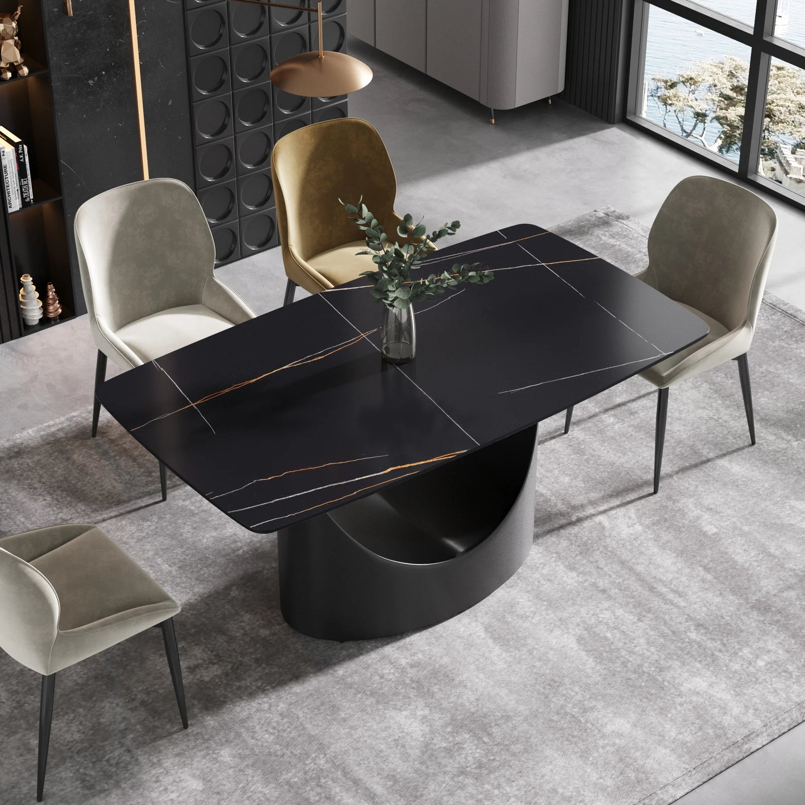 Mesa de comedor Marbella de piedra sinterizada | Rectangular de 160 cm (63") en negro mate con borde curvo